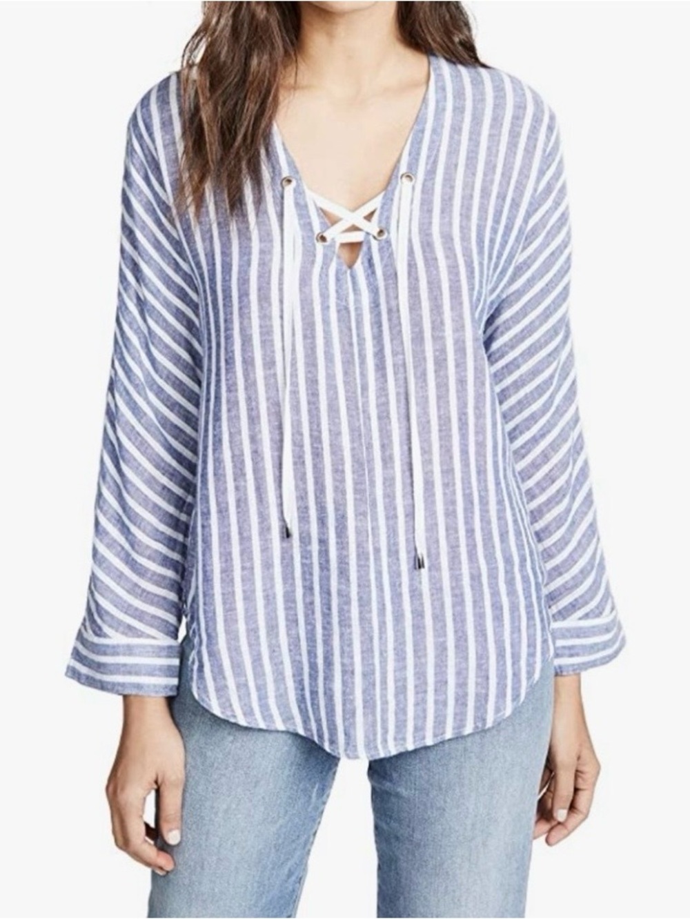 Rails Striped Lace-Up V-Neck Tunic Top Blue & White Large Linen Blend NWOT